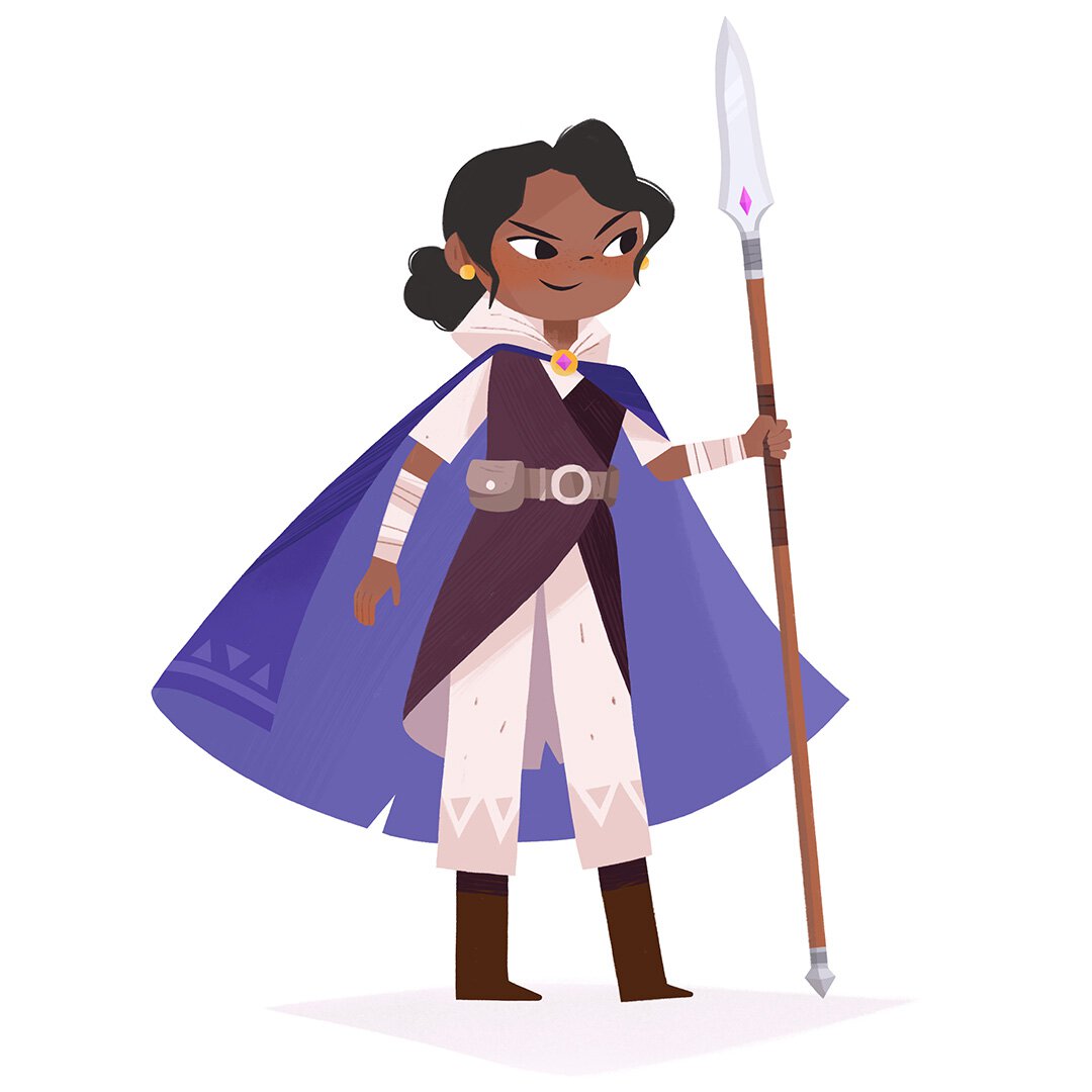 Concept art of Ida. A young adventurous woman in a purple cloak holding a spear.