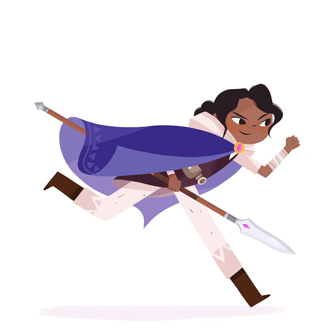 Concept art of Ida. A young adventurous woman in a purple running with a spear.